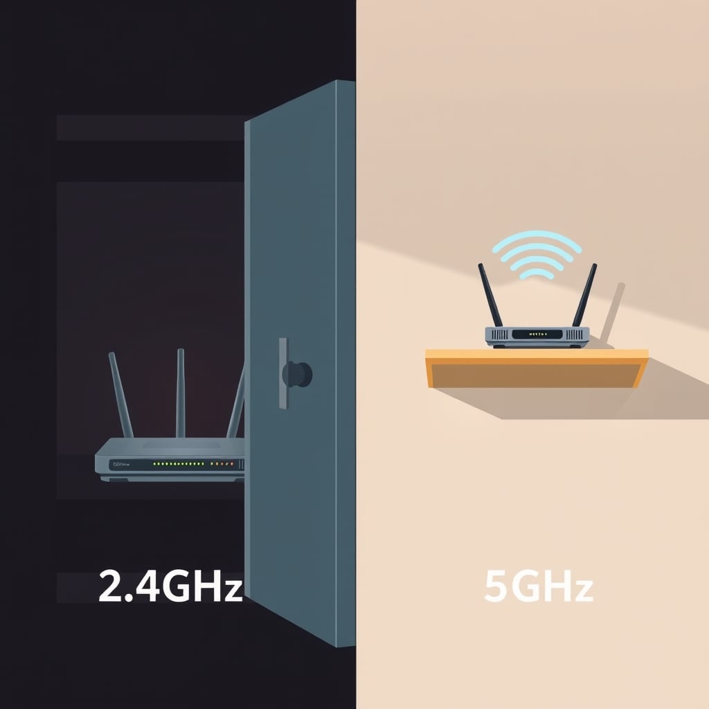 home network setup WiFi — Side-by-side comparison of router placement: enclosed cabinet with weak signal versus open shelf with strong signal coverage.