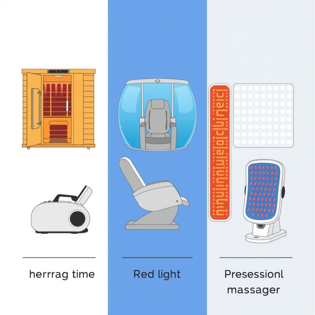 home recovery devices — Five home wellness device types shown in relative scale: sauna, cold plunge, massage chair, light panel, and massager.