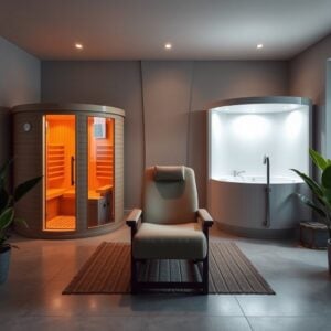 home sauna infrared — Modern home wellness room featuring infrared sauna, cold plunge tank, and massage chair in balanced arrangement.