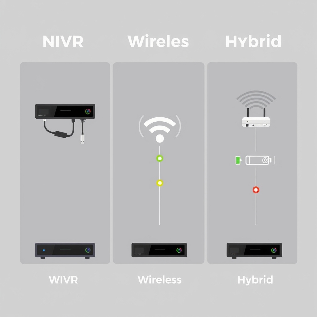 home surveillance camera setup — Three-column comparison showing wired, wireless, and hybrid security system infrastructure setups.