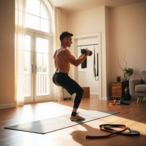 home training consistency — Person doing a dumbbell exercise on a yoga mat in a bright, minimalist home workout space with morning sunlight