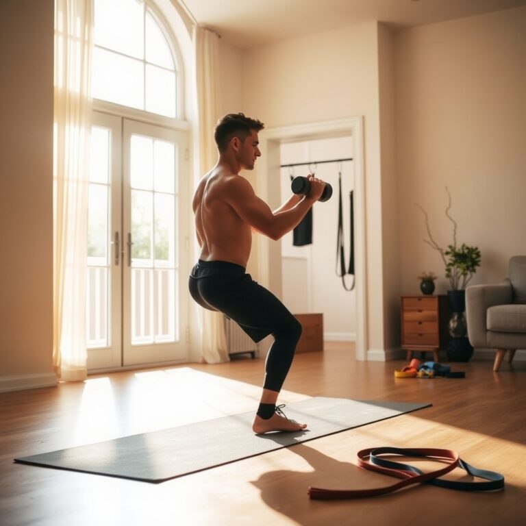 home training consistency — Person doing a dumbbell exercise on a yoga mat in a bright, minimalist home workout space with morning sunlight
