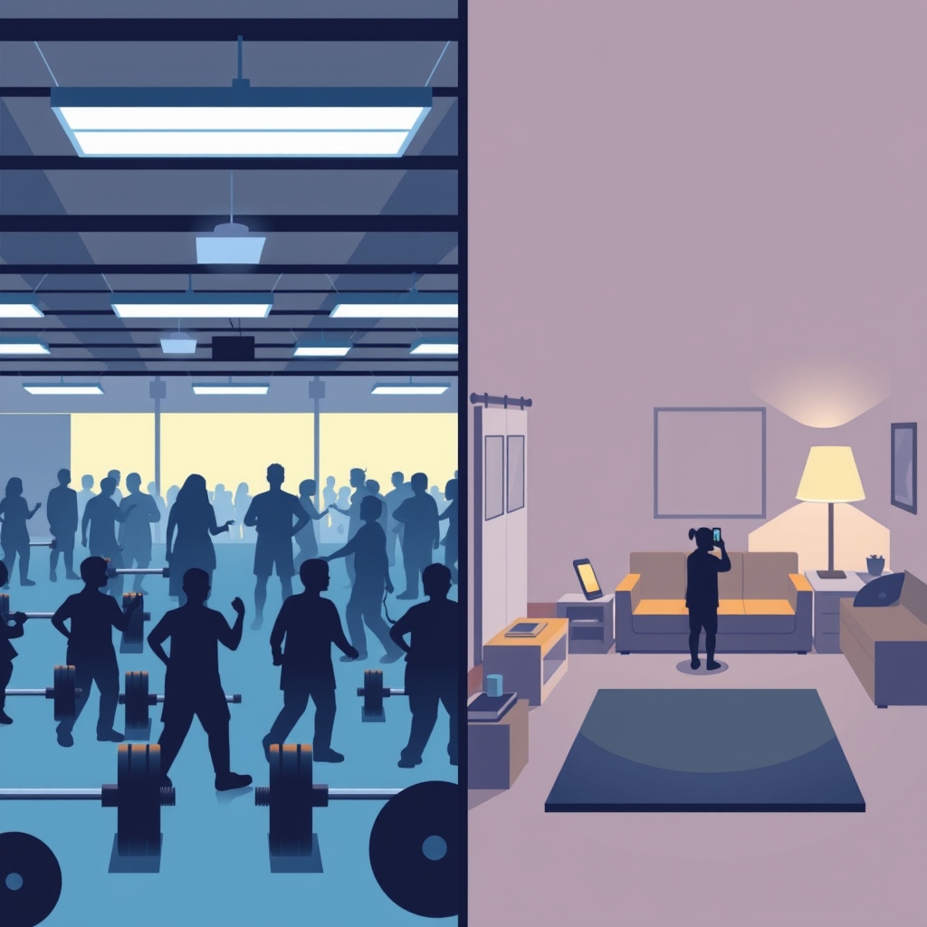 home workout program — Split illustration contrasting a busy gym environment on the left with a quiet home workout space on the right