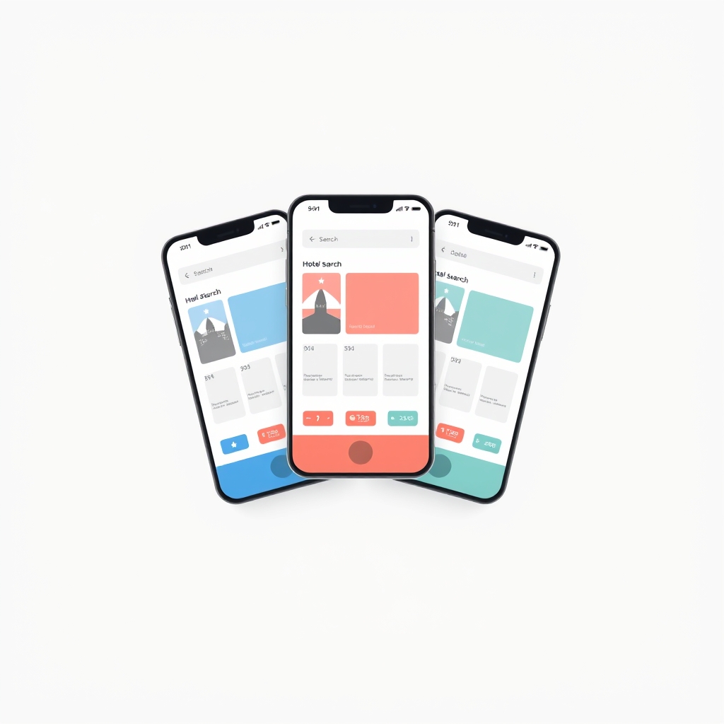 hotel booking comparison — Three smartphones in a fan layout each displaying a simplified hotel search interface representing three different booking apps.
