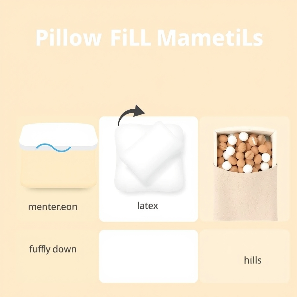 how to choose pillow sleep position — Flat vector icons comparing memory foam, latex, down, and buckwheat hull pillow fill materials side by side.