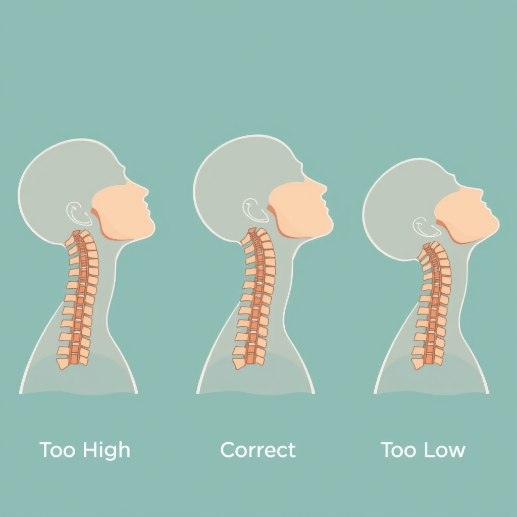 how to choose pillow — Three spine-profile diagrams comparing pillow loft too high, correctly aligned, and too low for neutral neck position.