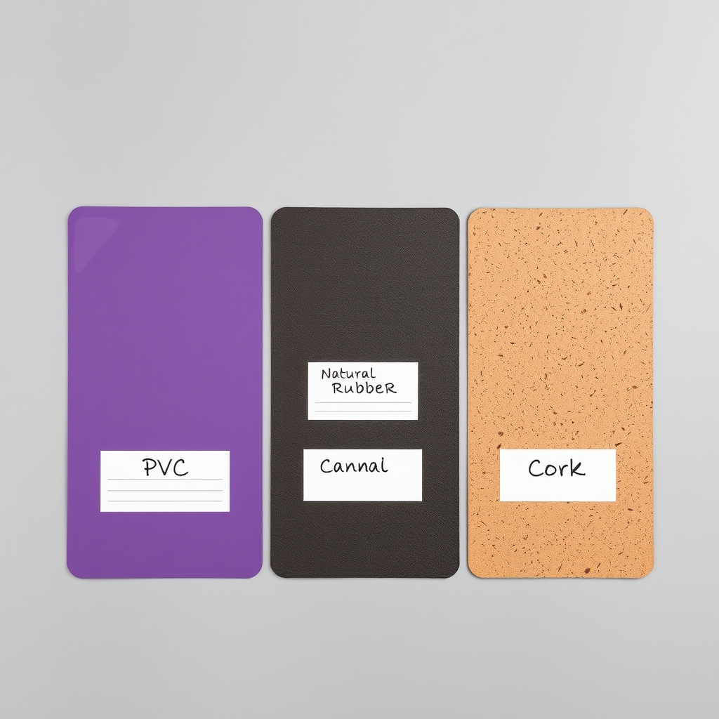 how to clean yoga mat — Three yoga mat material swatches side by side—PVC, natural rubber, and cork—on a grey surface with small identifying cards.