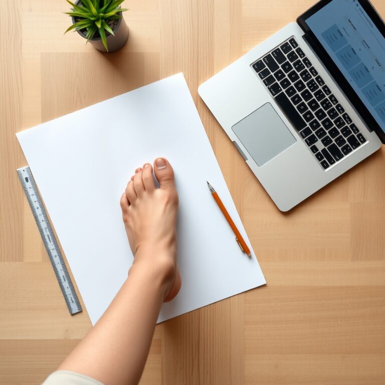 how to find right shoe fit — Overhead view of a bare foot on white paper beside a ruler and pencil, with a laptop showing a shoe sizing chart