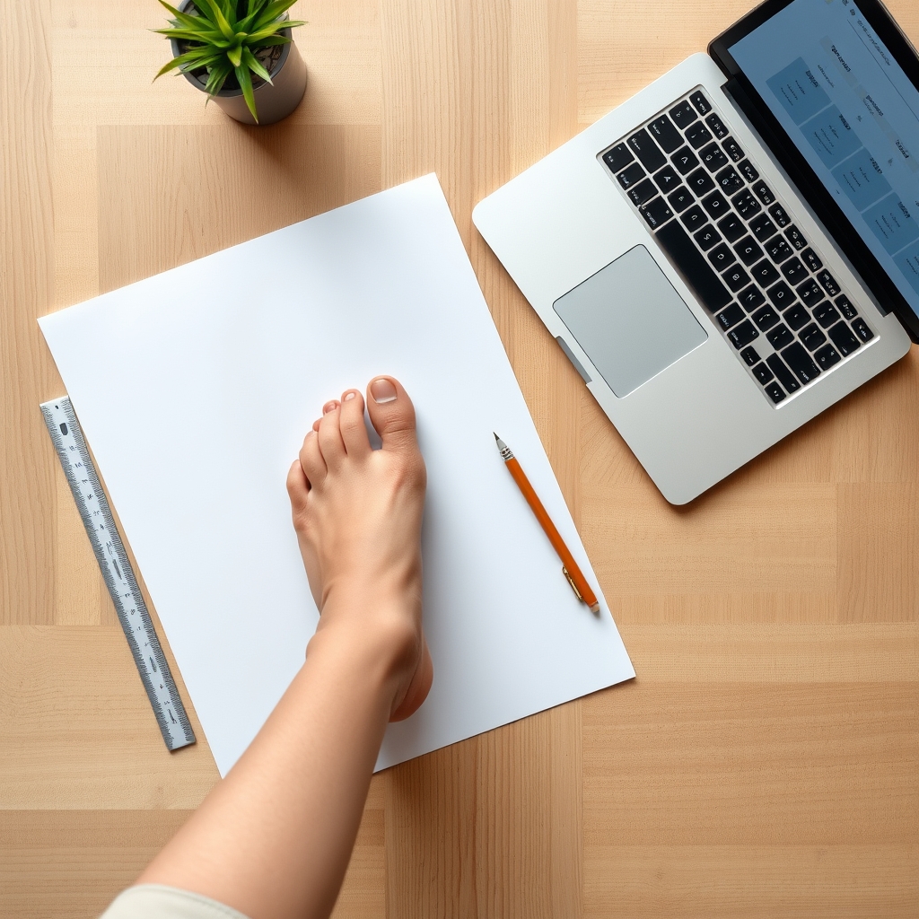 how to find right shoe fit — Overhead view of a bare foot on white paper beside a ruler and pencil, with a laptop showing a shoe sizing chart