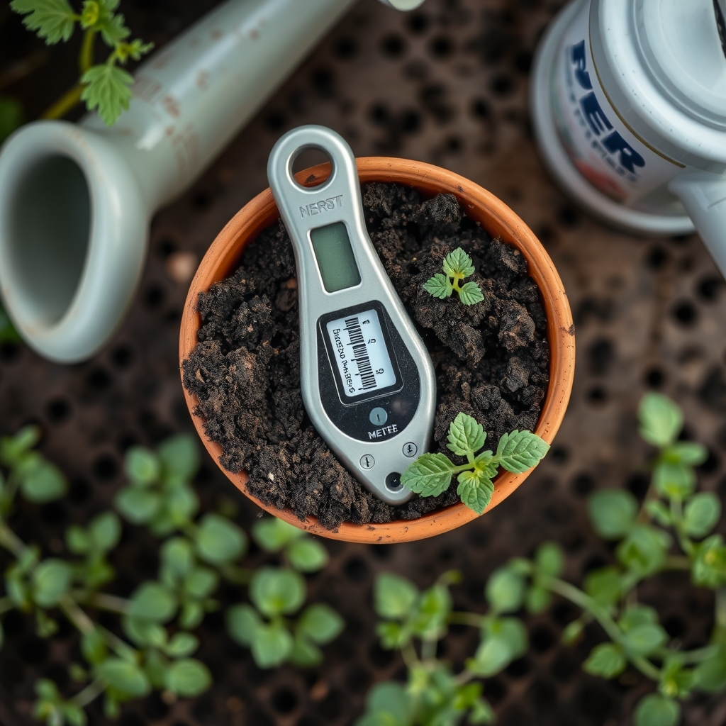 how to grow basil indoors — Moisture meter inserted into potting soil in a small herb pot with watering can and seedlings nearby