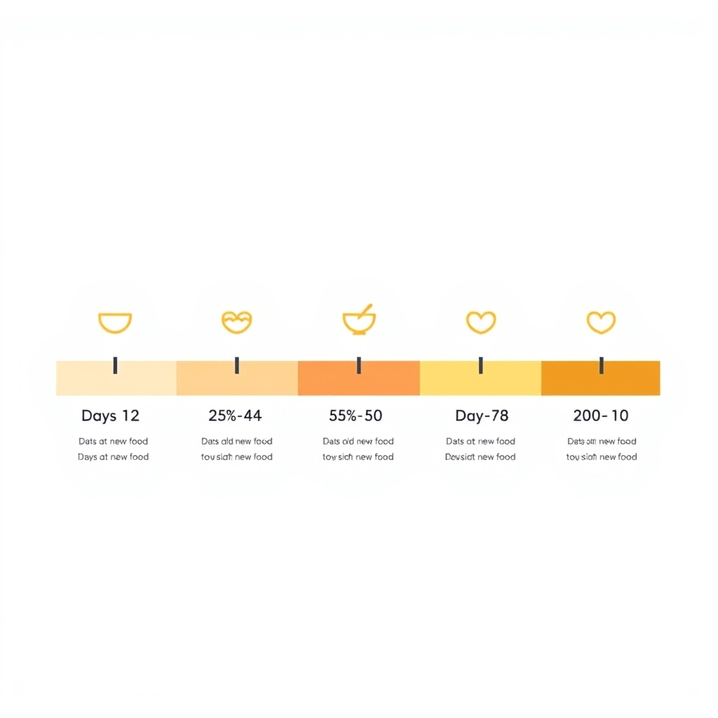 how to introduce new pet food — Flat vector timeline showing a 10-day pet food transition from 10% new food on day one to 100% by day ten.