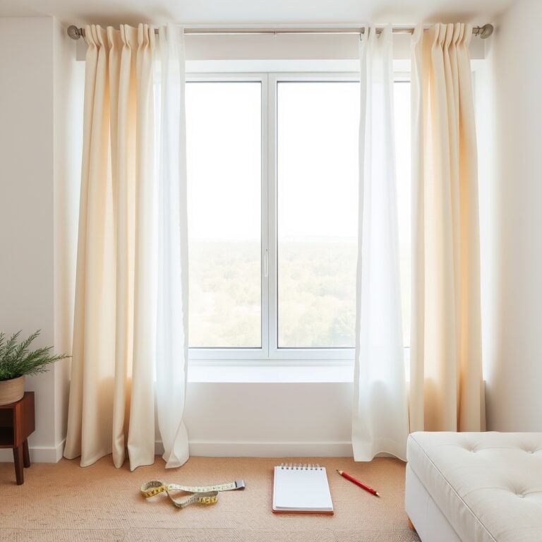 how to measure curtains and blinds — Metal measuring tape unrolled across a windowsill with floor-length linen curtains framing a sunlit living room window.