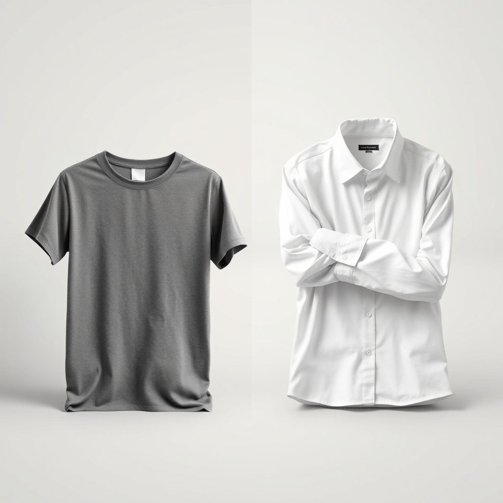 how to pack luggage efficiently — Side-by-side comparison of a rolled t-shirt standing upright next to a folded dress shirt with sleeves tucked in.