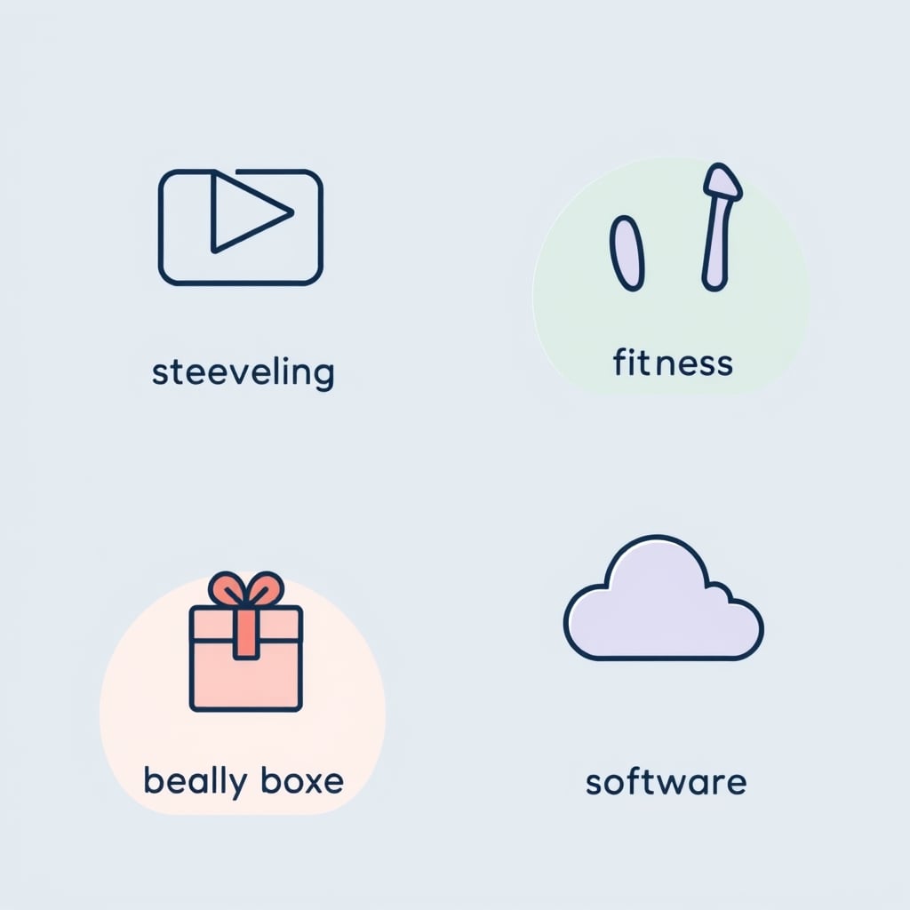 how to stop recurring charges — Four icon cards representing streaming, fitness, beauty box, and software subscription categories in pastel colors.
