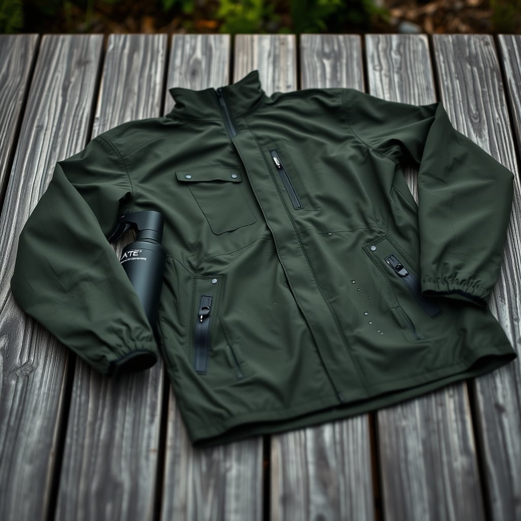 how to waterproof jacket — Technical jacket laid flat on wood surface with water droplets beading on fabric and a waterproofing spray bottle beside it