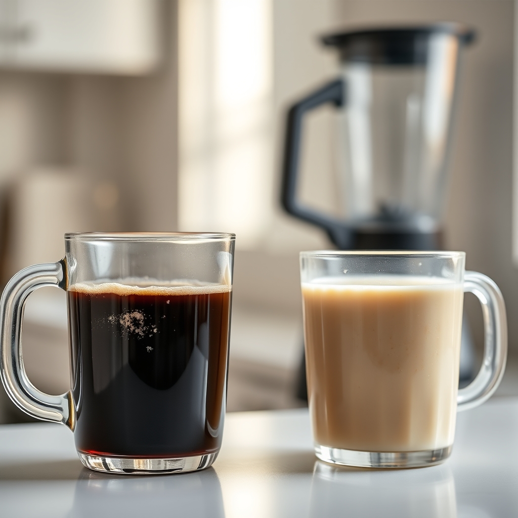 hydrolyzed collagen bioavailability — Two clear mugs side by side showing collagen powder dissolving into black coffee and blended into a pale smoothie