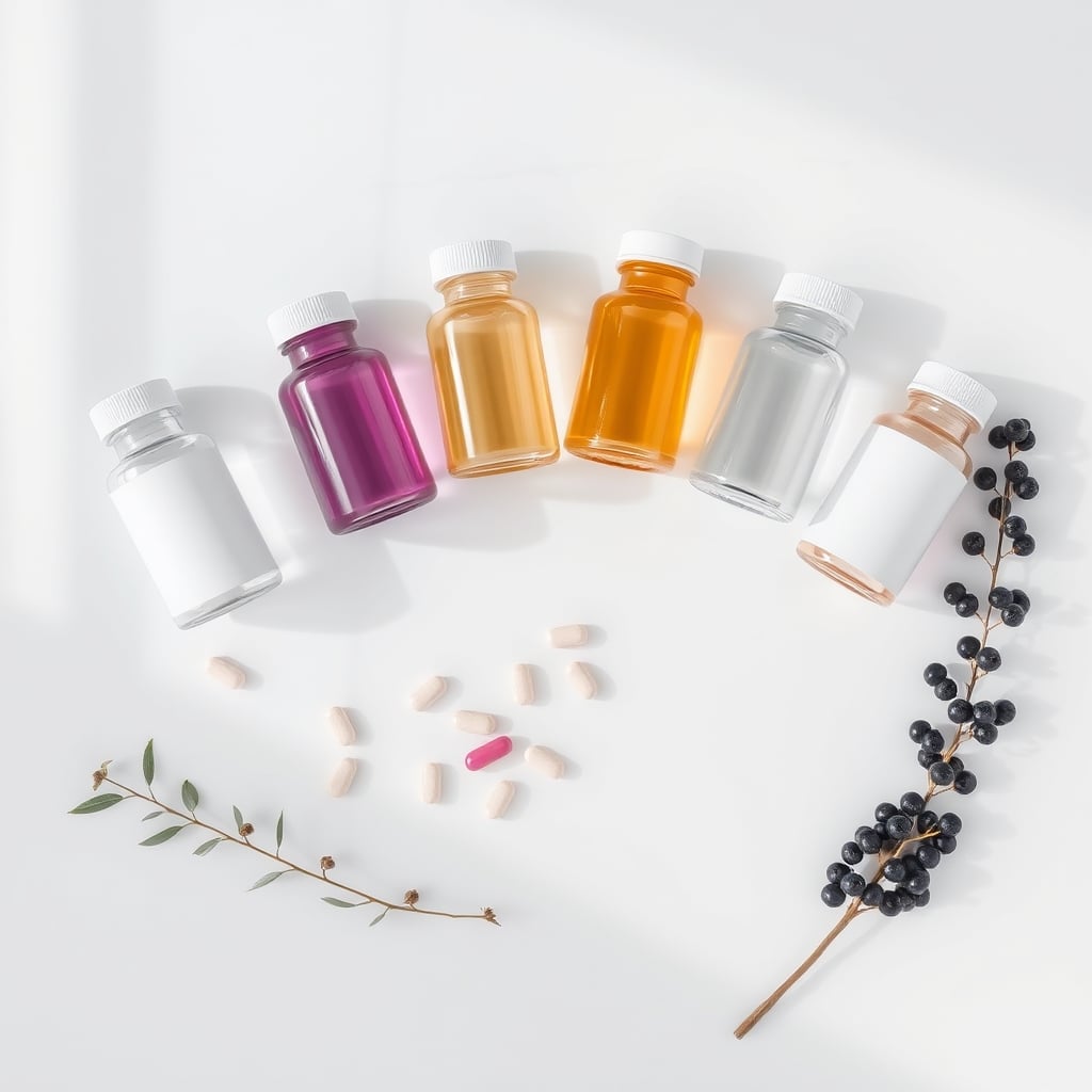 immune system vitamins — Six supplement bottles arranged on white marble with capsules and elderberry sprigs in soft natural light.