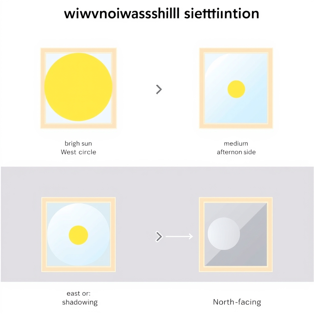 indoor herb garden setup — Visual comparison of light intensity from south, west, east, and north-facing windows using sun brightness gradients