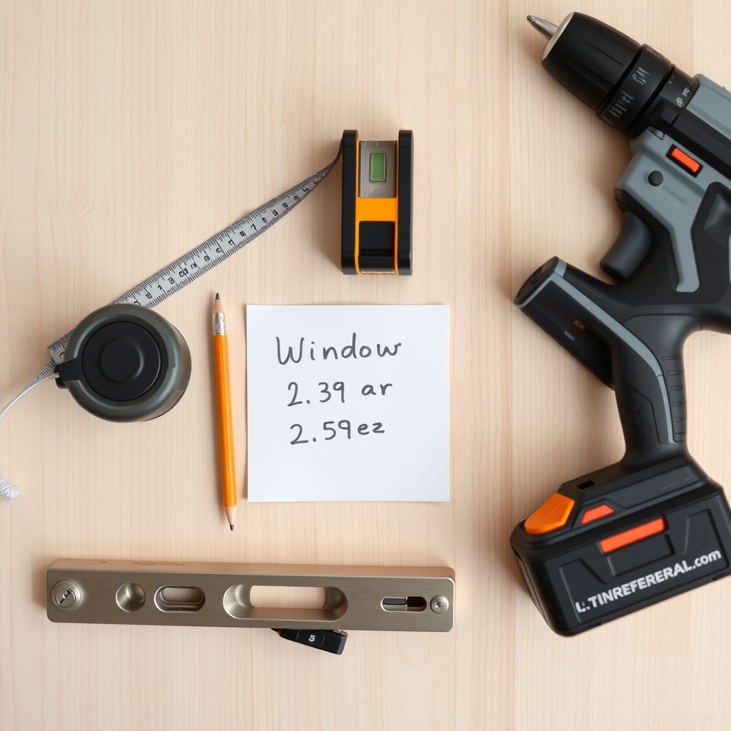 install blinds correctly — Flat-lay of curtain installation tools including a metal tape measure, pencil, notepad with measurements, level, and cordless drill on wood.