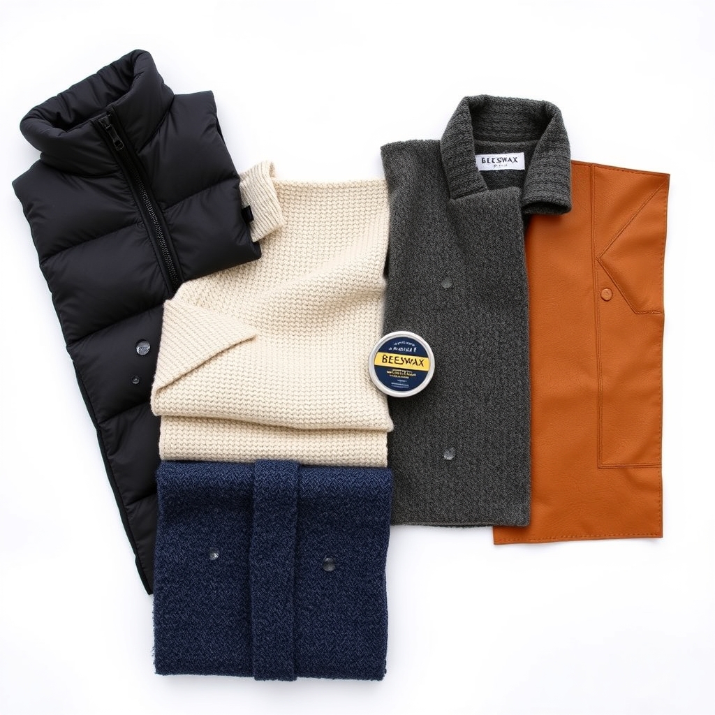 jacket maintenance tips — Four fabric swatches for down, wool, synthetic, and leather jackets arranged side by side with relevant waterproofing product icons above each