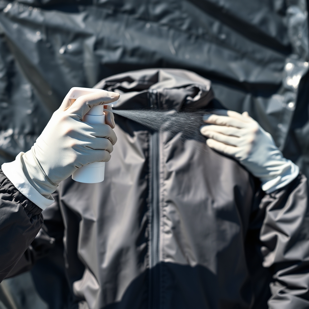 jacket waterproofing spray — Hands holding a spray bottle 10 inches above a gray jacket releasing an even mist of waterproofing spray across the fabric