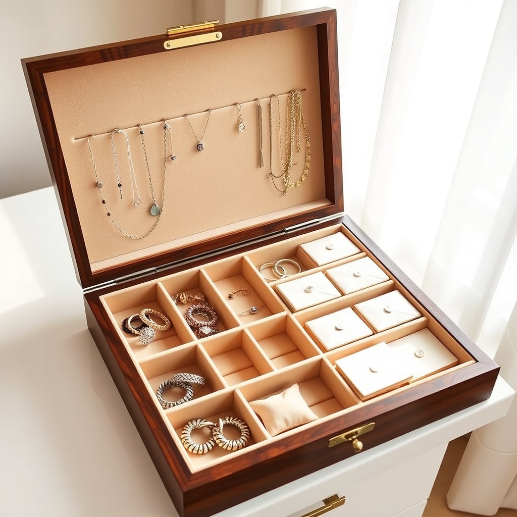 jewelry moisture protection — Organized jewelry box with velvet compartments, pouches, and anti-tarnish materials clearly visible inside.