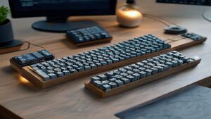 keyboard layout types — Three mechanical keyboard switches displayed with an assembled keyboard, showing internal components and keycap details in studio lighting.