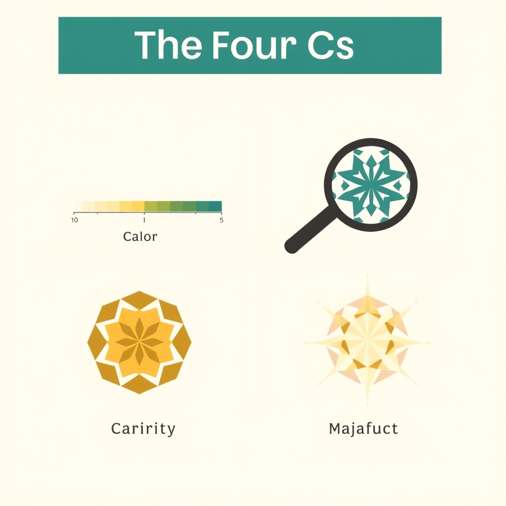 lab grown diamond engagement rings — Four-panel flat illustration of diamond grading factors: carat scale, color gradient, clarity magnification, and cut light refraction