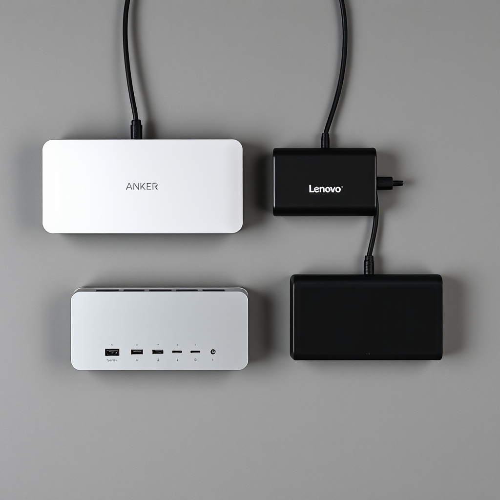 laptop dock with HDMI — Three docking stations photographed from above showing relative size, footprint, and port arrangement differences.