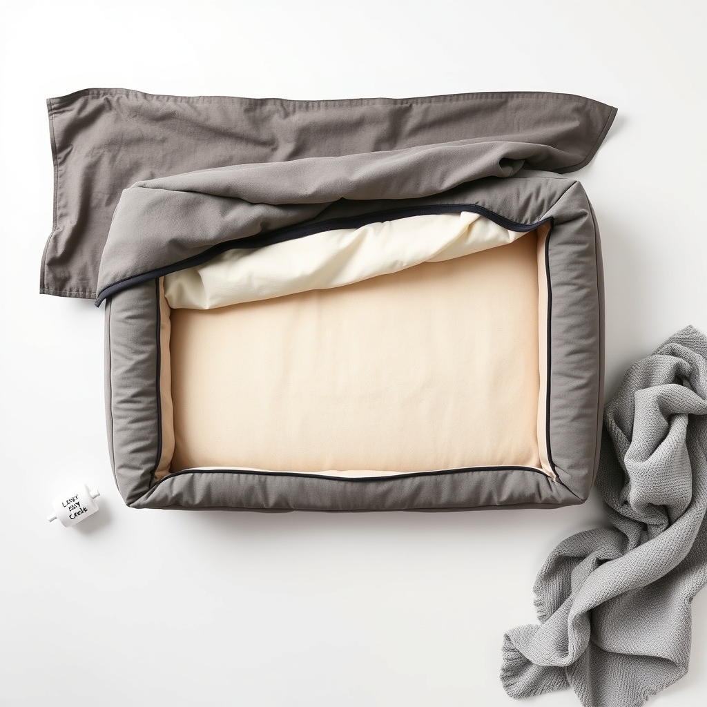 large breed dog bed support — Dog bed cover fully removed from foam insert laid flat showing waterproof lining, with laundry capsule and towel nearby