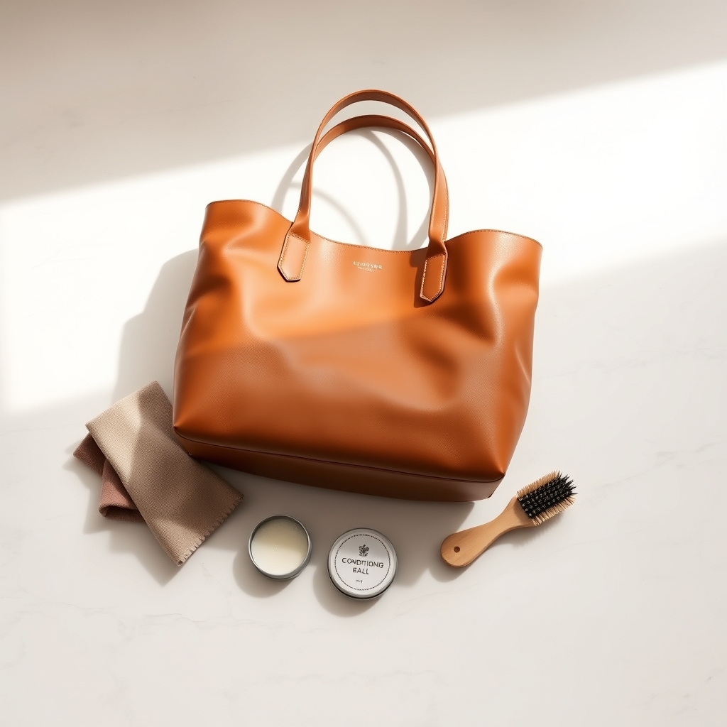 leather bag care — A tan leather tote bag on marble surrounded by conditioning balm, microfiber cloth, and a soft brush