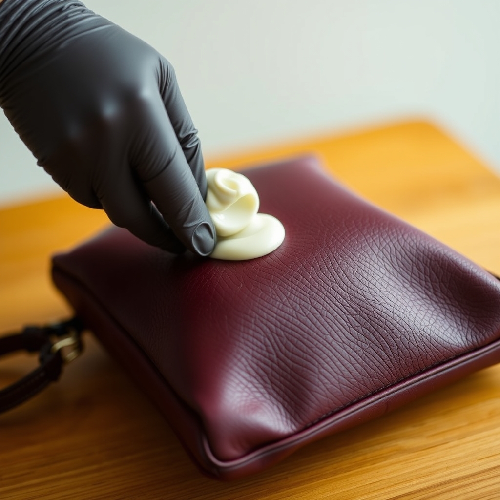 leather bag maintenance — Hands applying cream leather conditioner in circular motions onto a burgundy leather bag showing visible grain