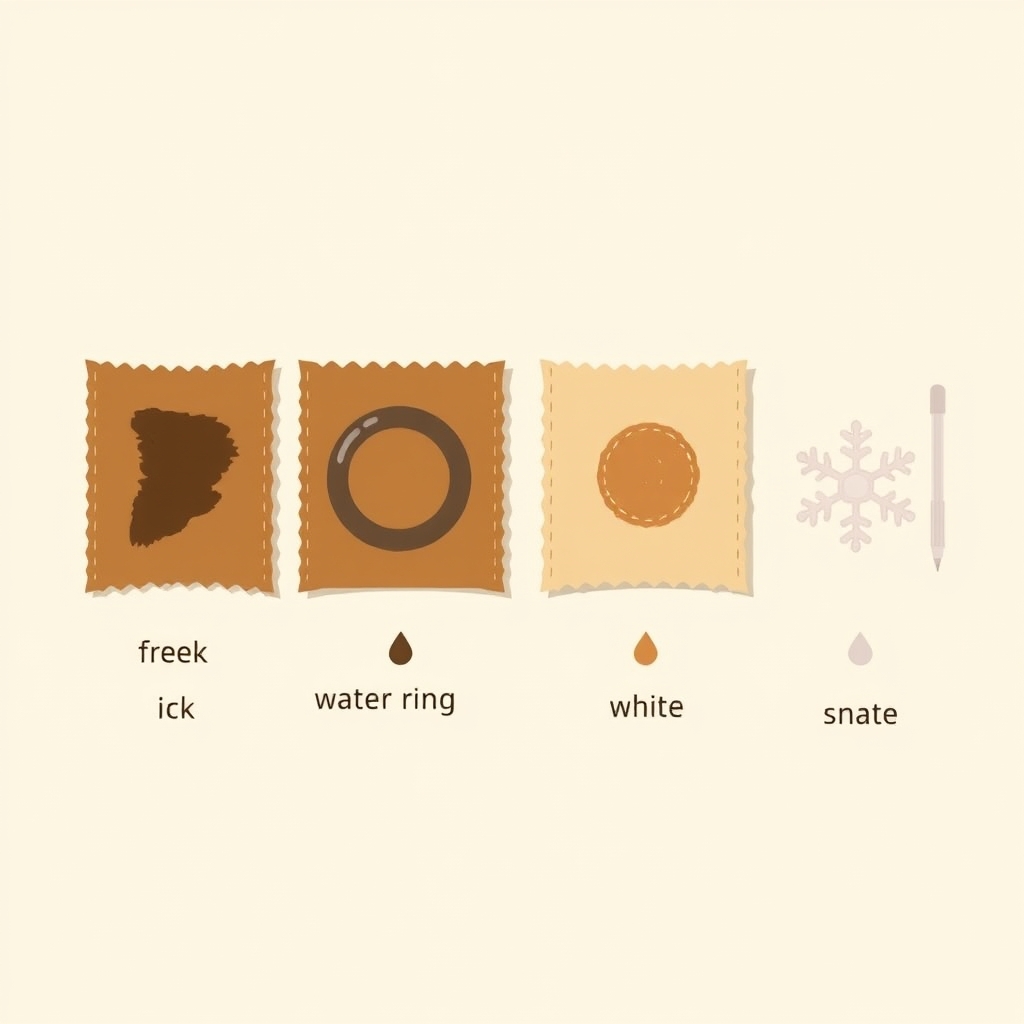 leather conditioning — Four leather swatches illustrating ink, water ring, grease, and salt stain types with simple geometric icons below each