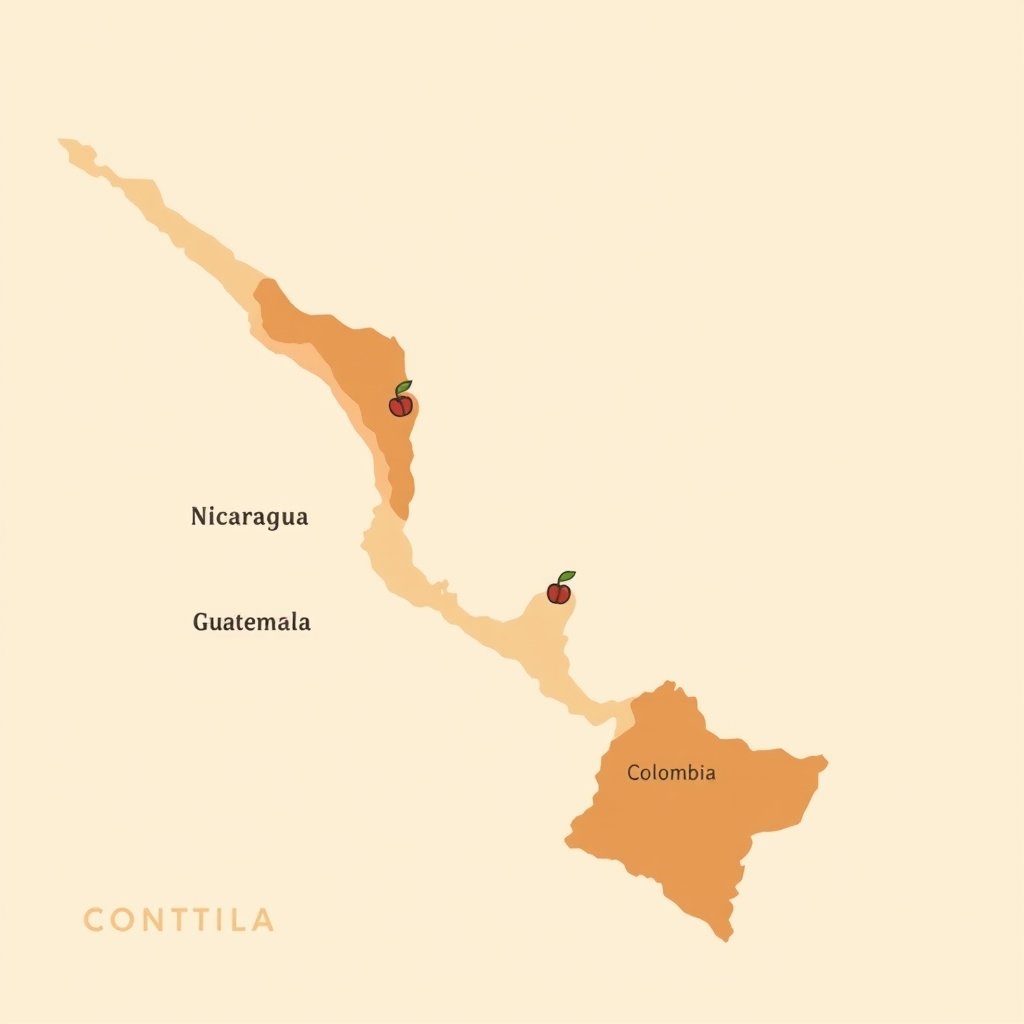 Lifeboost coffee worth it — Illustrated map highlighting coffee-growing regions in Nicaragua, Guatemala, and Colombia with coffee cherry markers