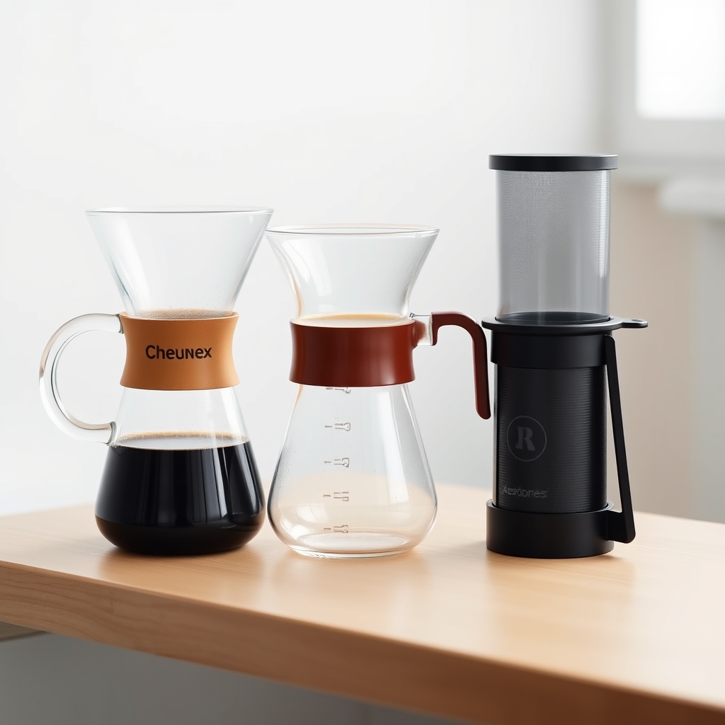 Lifeboost subscription — Chemex pour-over, French press, and AeroPress brewer side by side on a wood surface with freshly brewed coffee