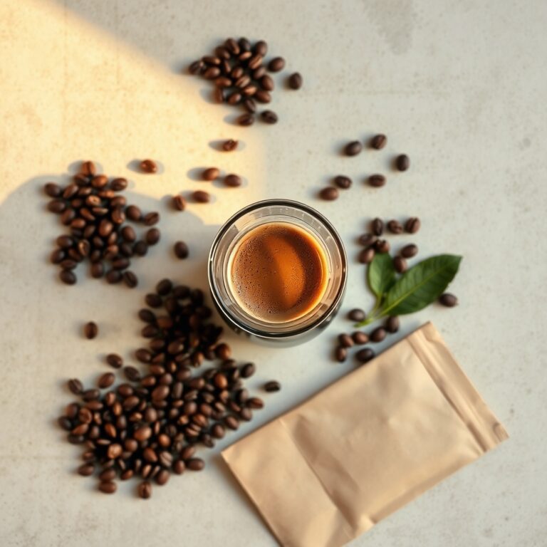 Lifeboost sustainable coffee — Overhead view of a Chemex pour-over coffee brewer surrounded by whole beans and a kraft coffee bag on concrete
