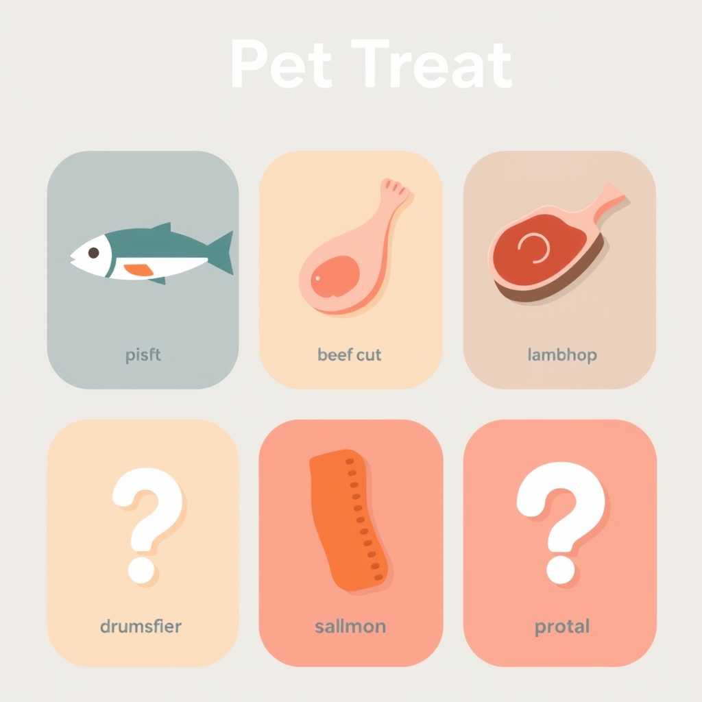 limited ingredient dog treats — Flat vector grid of six minimalist animal protein icons representing fish, beef, lamb, chicken, salmon, and an unknown source.