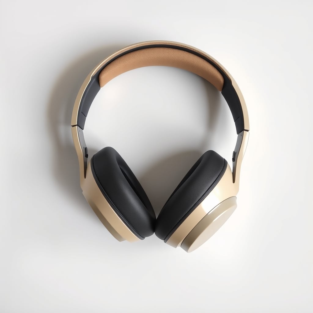 low latency gaming headset — Top-down flat-lay of a gaming headset with one ear cup cut away revealing layered memory foam and protein leather padding.