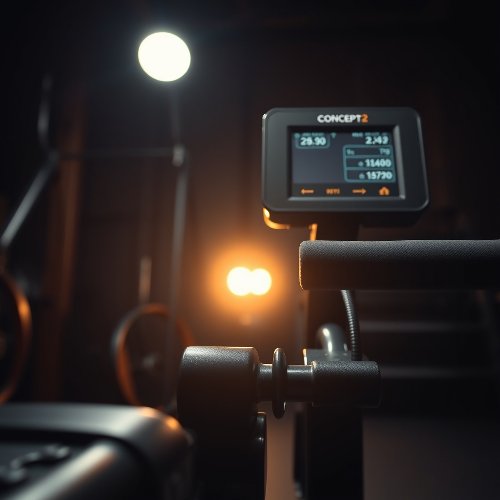 magnetic rowing machine — Close-up of an air rowing machine's performance monitor and chain-driven handle grip under warm spotlight in a home gym.
