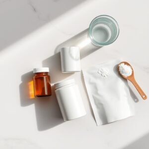 marine collagen vs grass-fed — Overhead flat-lay of three collagen supplement containers with a wooden scoop and glass of water on marble