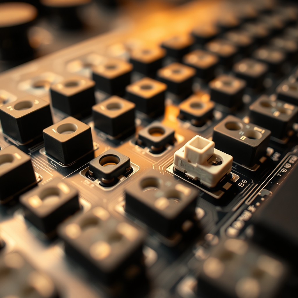 mechanical keyboard terminology — Close-up of keyboard PCB showing hot-swap sockets with a switch being inserted and one fully seated.