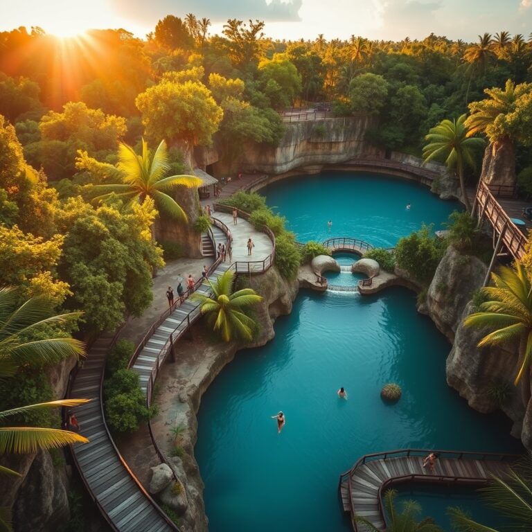 mexico theme parks families — Aerial view of a tropical Mexican theme park with turquoise cenote pools, jungle canopy, and wooden walkways in golden light.