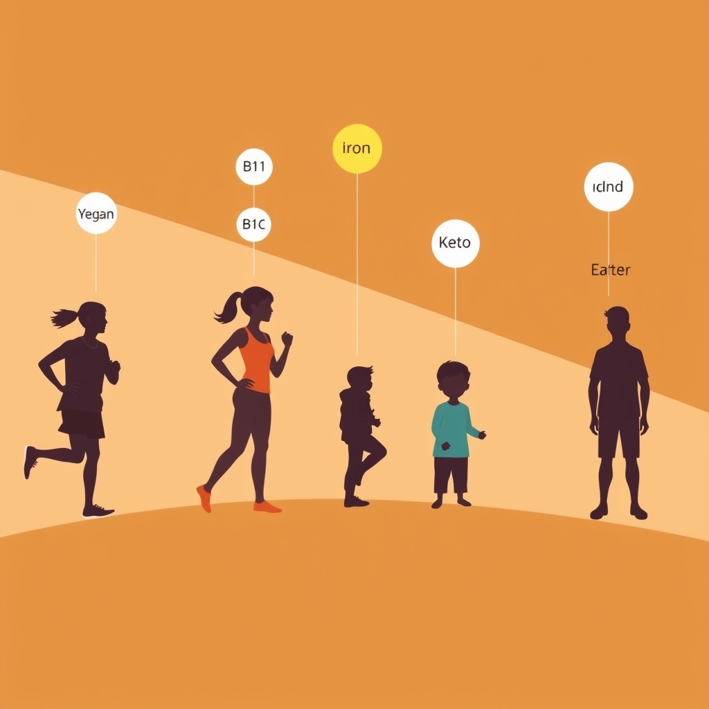 micronutrient testing — Five diverse silhouettes with different nutrient icons above each, showing how diet type and physiology create unique micronutrient needs.