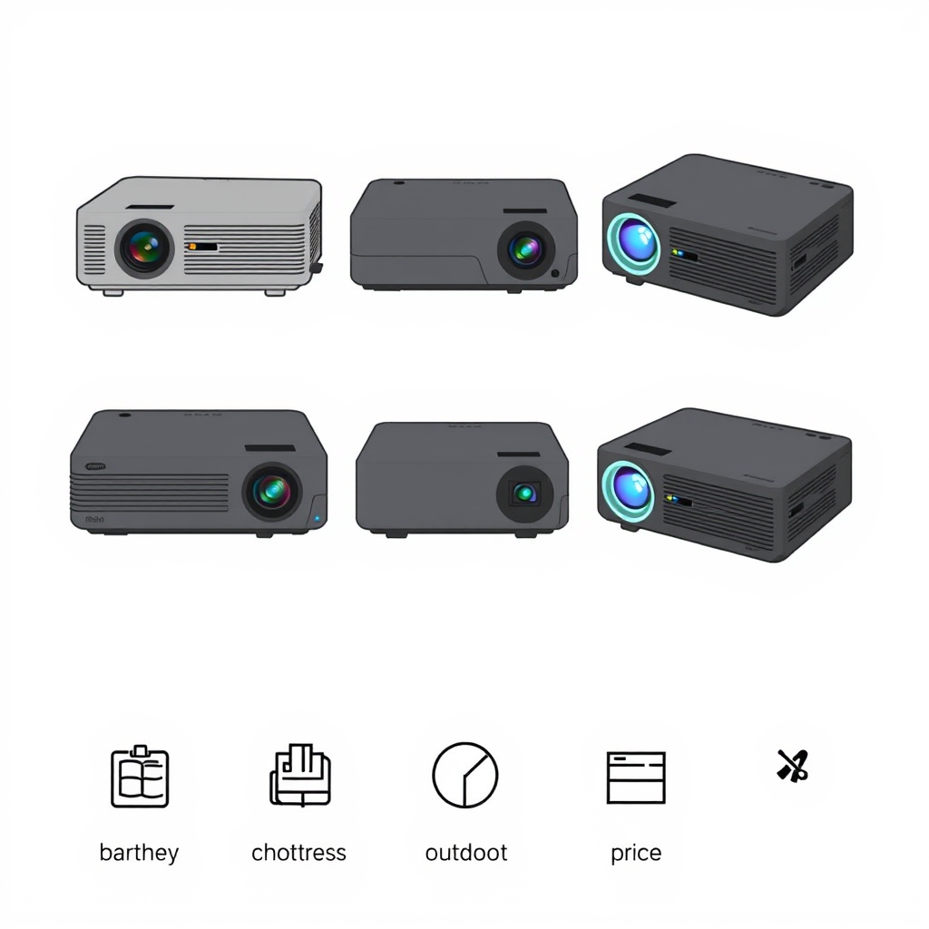 mini projector WiFi — Grid of six projector models with visual icons highlighting each one's key strength.