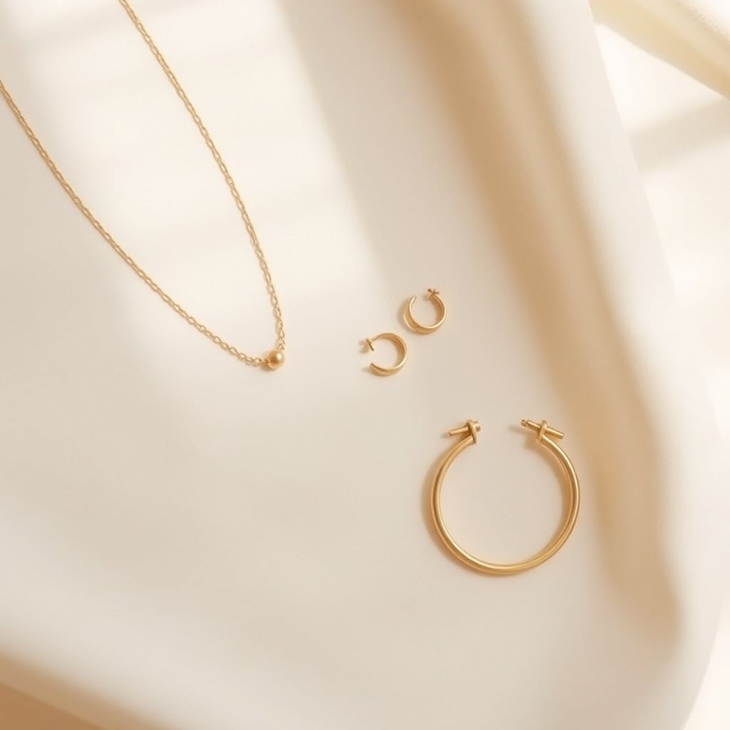 minimalist jewelry brands — A small curated capsule jewelry set — necklace, hoops, ring, and bracelet — in warm gold tones on cream fabric.
