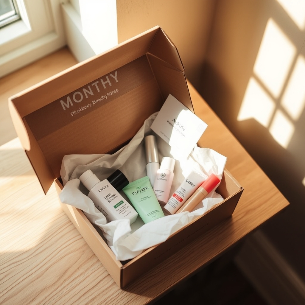 monthly beauty subscriptions — Open beauty subscription box with five products arranged in tissue paper and a printed product card against the lid.