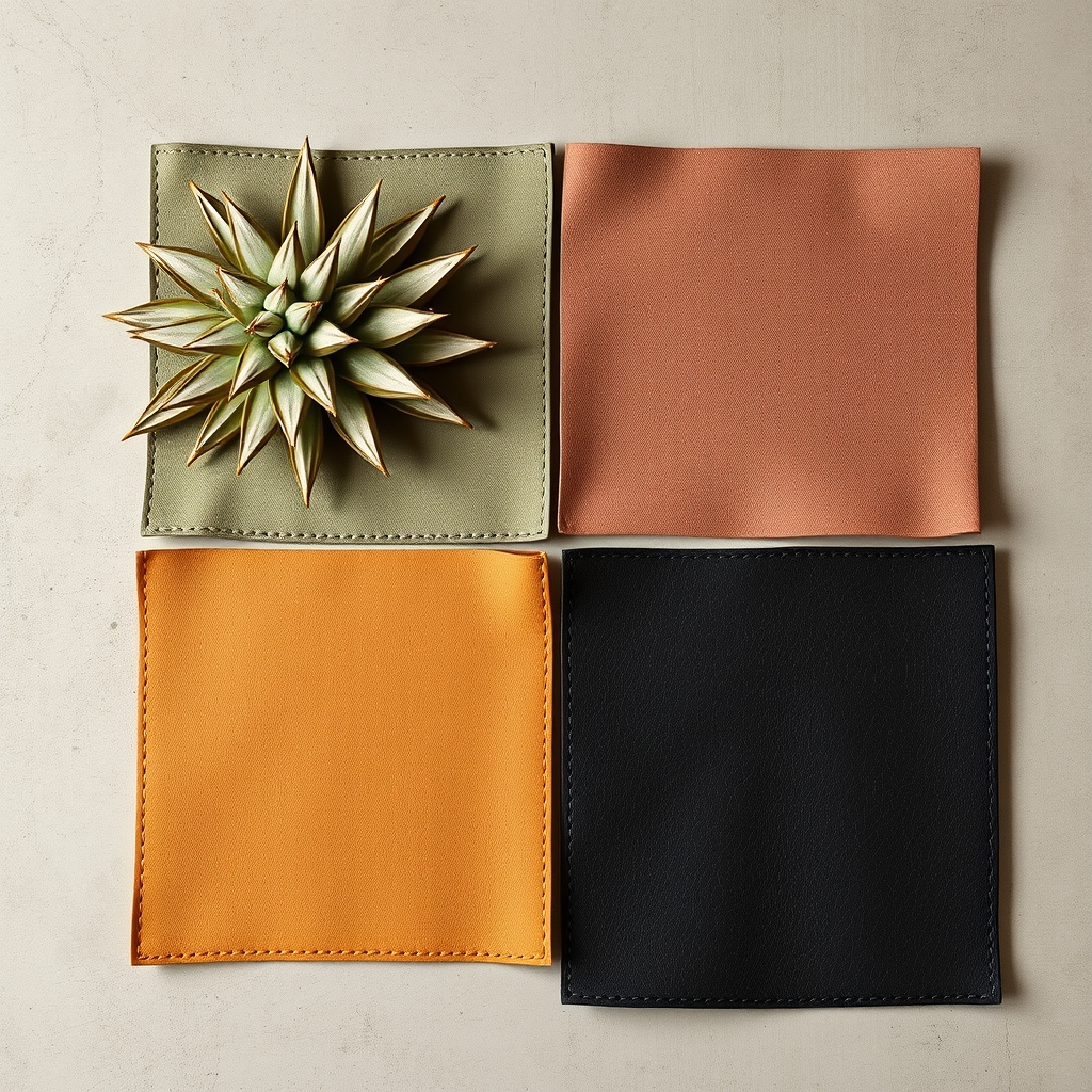 mushroom leather durability — Four plant-based leather swatches with different textures laid flat on concrete, showing mushroom, cactus, pineapple, and bio-fabricated materials.