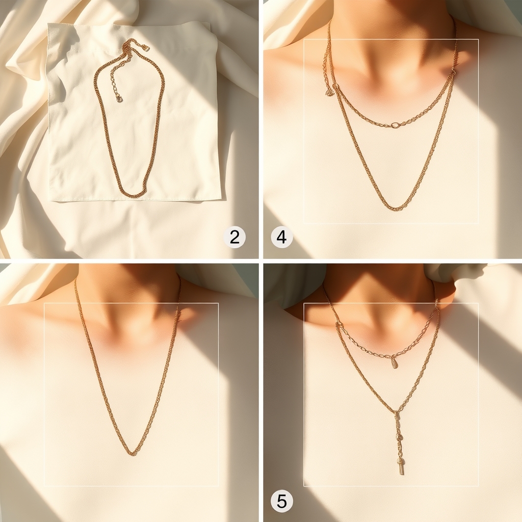 necklace styling tips — Four-panel sequence showing the order of layering necklaces from longest first to shortest last.