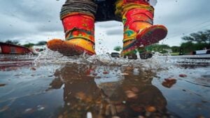 non-slip kids boots — Child in bright rain boots splashing happily in a puddle during rain.
