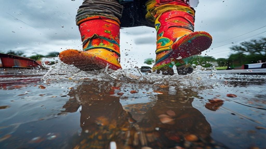 non-slip kids boots — Child in bright rain boots splashing happily in a puddle during rain.